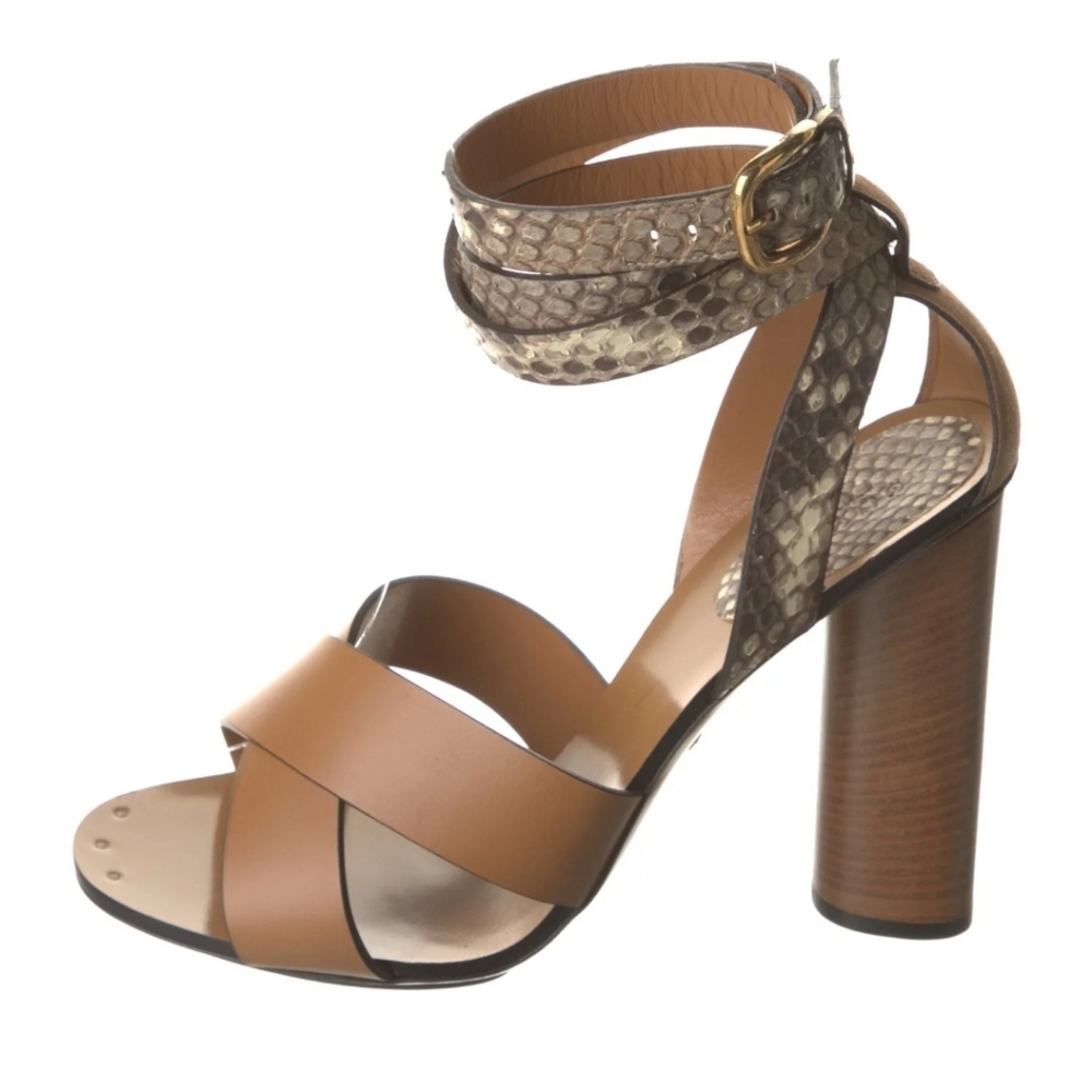 Gucci Brown Python and Leather Crisscross Ankle Strap Sandals Size 38.5